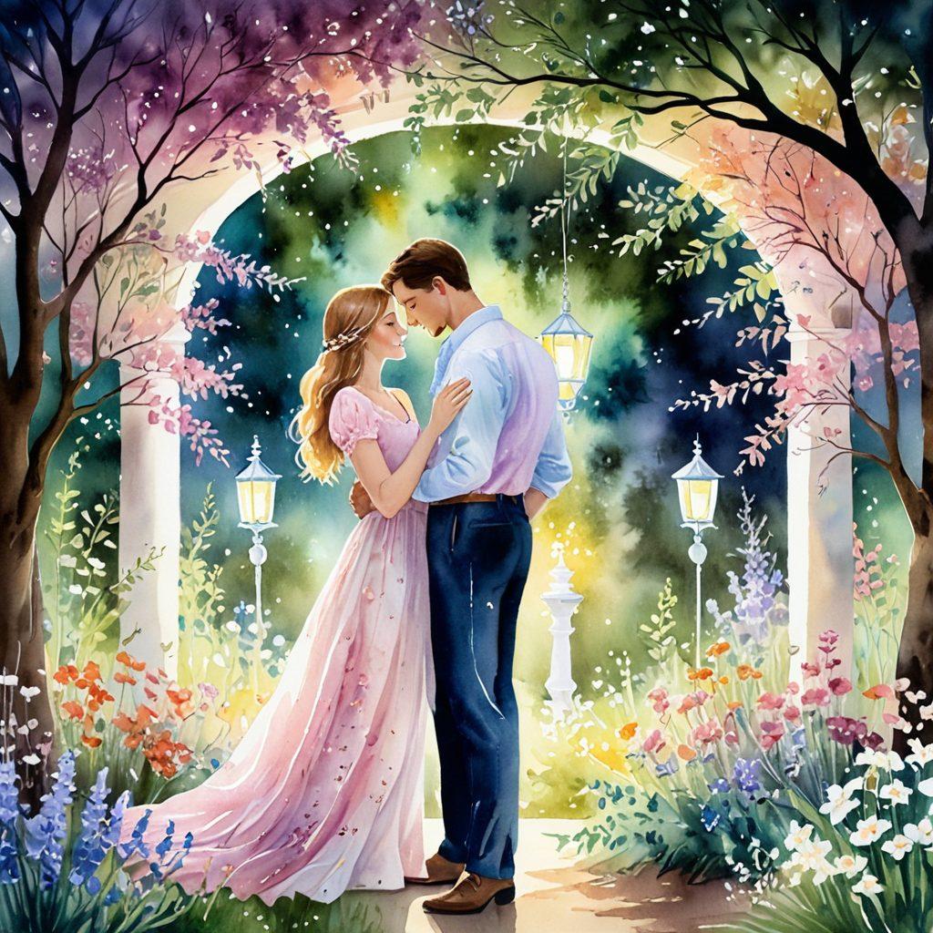 An enchanting scene of a couple in a lush garden, surrounded by blooming flowers and soft candlelight, engaged in a passionate conversation. Capturing intimate gestures, such as a gentle touch or a shared laugh, with a dreamy, romantic ambiance. Soft pastel colors highlight the emotions of love and connection, creating a magical atmosphere. watercolor painting. soft focus. enchanting. romantic tones.